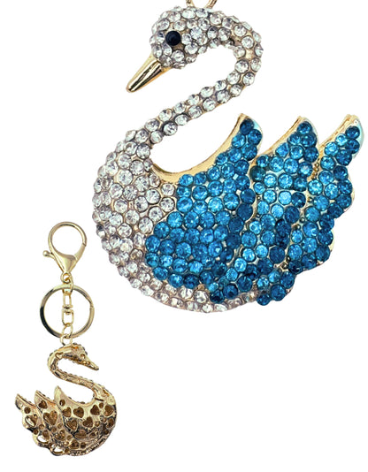 Evenchae Elegant Swan Keychain - Rhinestones, Filigreed Gold Back, Drawstring Gift Bag - 5 In Long Purse Jewelry