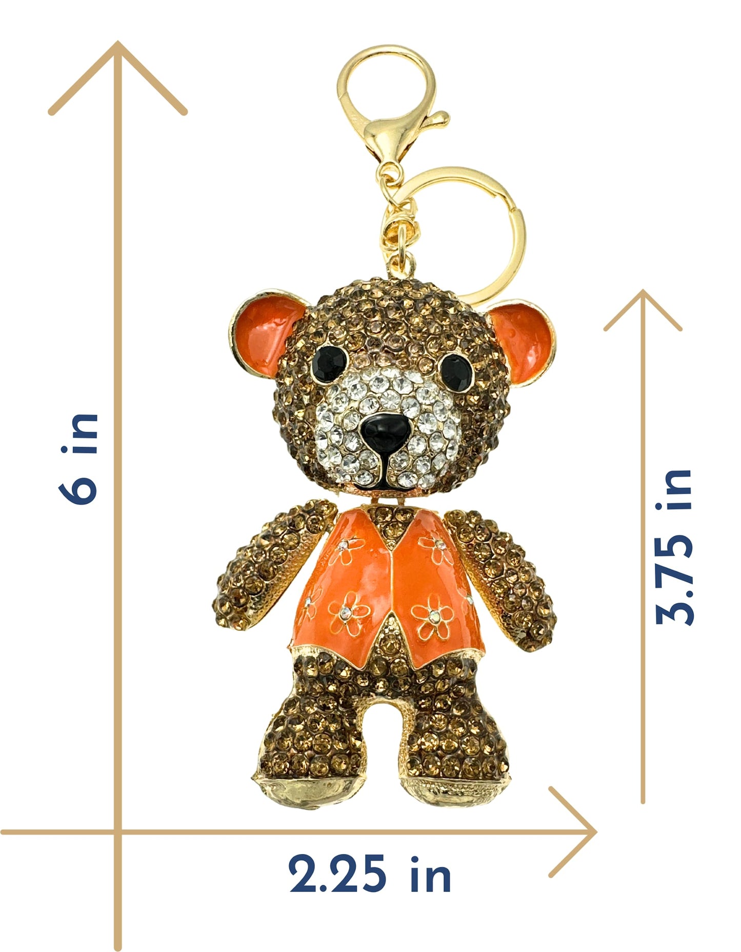 Evenchae Teddy Bear Keychain - Rhinestones - Head, Body & Arms Moves, Gold Filigree Back, Gift Bag, 6 In Long