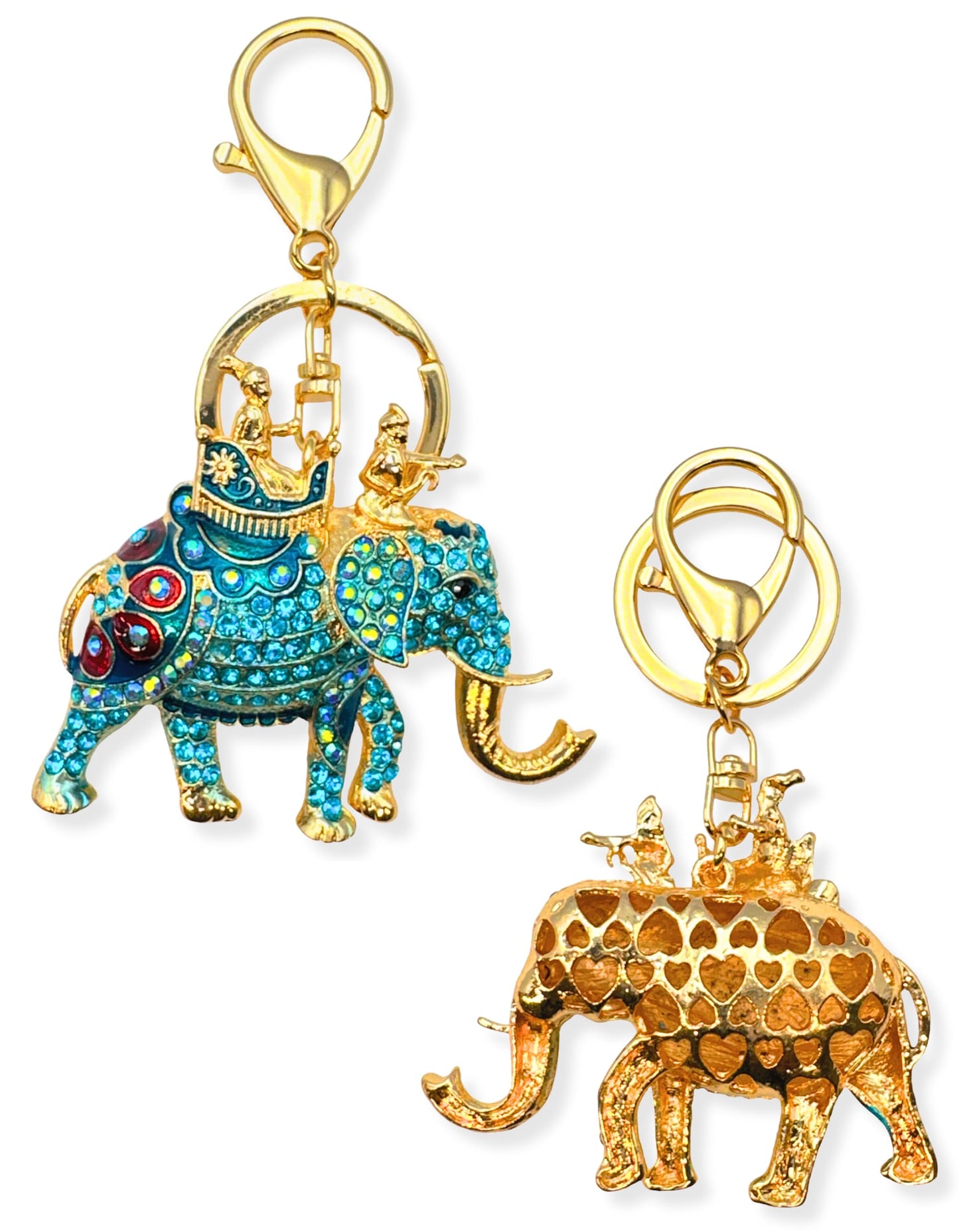 Evenchae Elephant Keychain - Inlaid with Rhinestones - Gold Filigree Back - Drawstring Gift Bag - 4.25 in Long