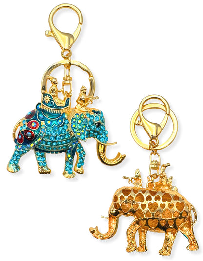 Evenchae Elephant Keychain - Inlaid with Rhinestones - Gold Filigree Back - Drawstring Gift Bag - 4.25 in Long