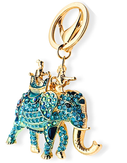 Evenchae Elephant Keychain - Inlaid with Rhinestones - Gold Filigree Back - Drawstring Gift Bag - 4.25 in Long