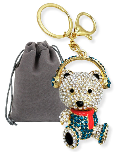 Evenchae Teddy Bear with Headphones Keychain - Rhinestones - Gold-Tone Filigree Back - Drawstring Gift Bag - 5 in Long