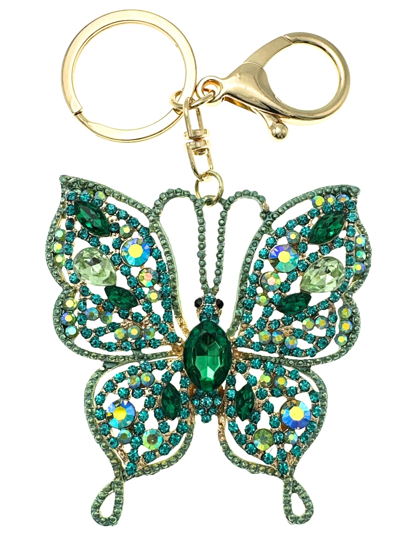 Evenchae Intricate Butterfly Keychain - Rhinestones, Gold Filigree Back, Drawstring Gift Bag - 5 in Long Purse Jewelry