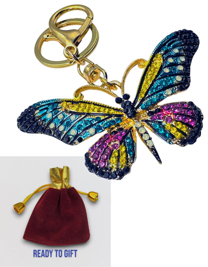 Evenchae Neon Butterfly Keychain - Inlaid with Rhinestones, Drawstring Gift Bag, Gold Solid Back - 3.5 in Long