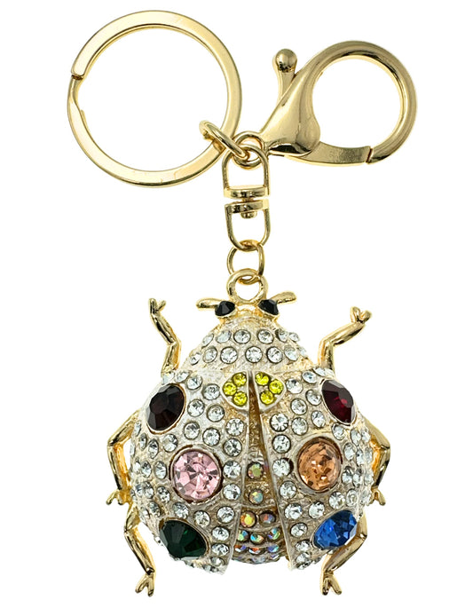 Evenchae Bejeweled Ladybug Keychain, Rhinestones, Filigreed Gold Back, Drawstring Gift Bag - 4.5" Long Purse Jewelry