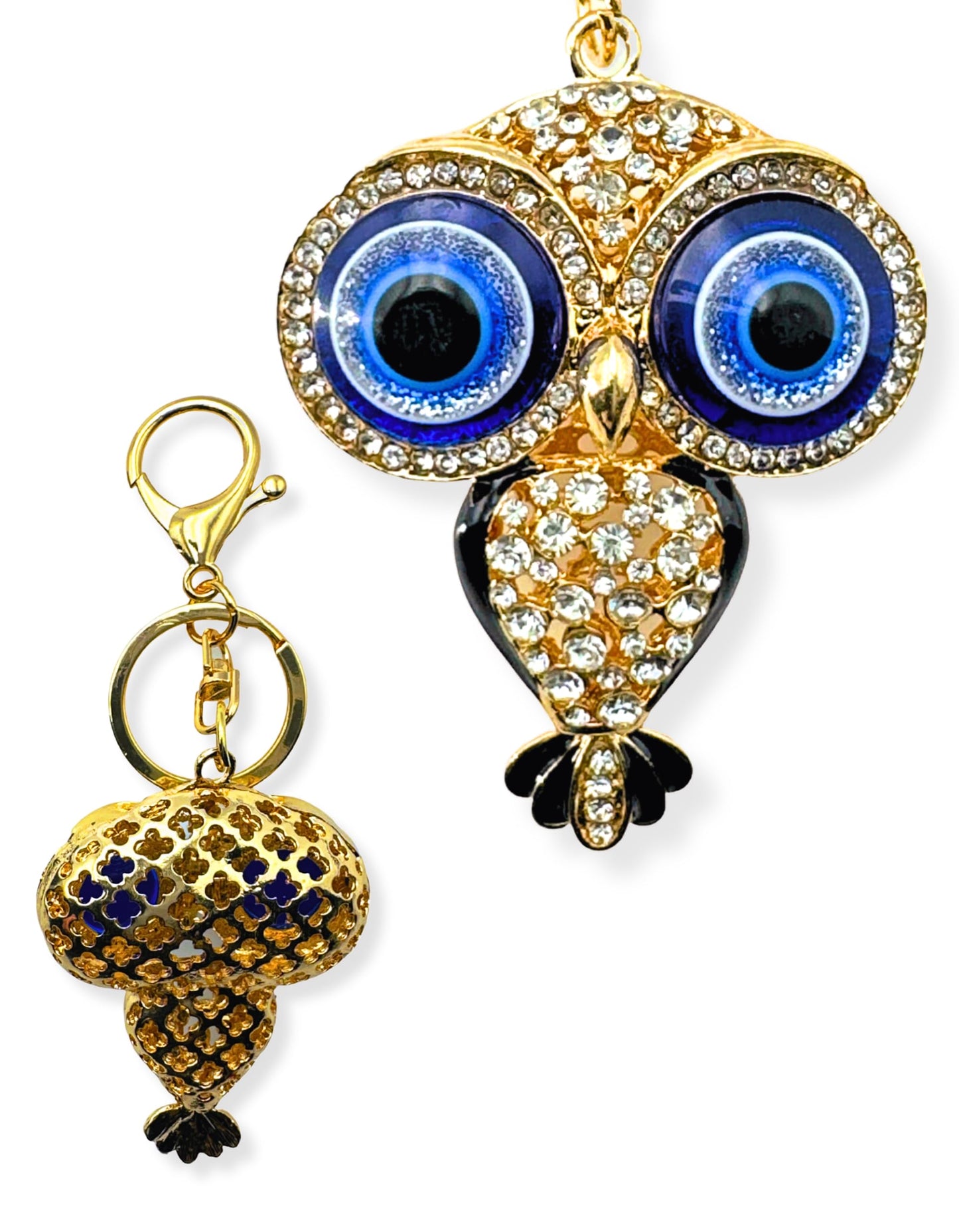 Evenchae Evil Eye Owl Keychain - Inlaid with Clear Rhinestones - Gold Filigree Back - Drawstring Gift Bag - 5 in Long