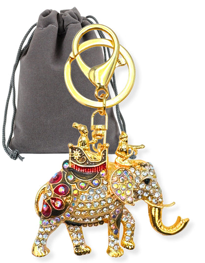 Evenchae Elephant Keychain - Inlaid with Rhinestones - Gold Filigree Back - Drawstring Gift Bag - 4.25 in Long