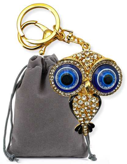 Evenchae Evil Eye Owl Keychain - Inlaid with Clear Rhinestones - Gold Filigree Back - Drawstring Gift Bag - 5 in Long