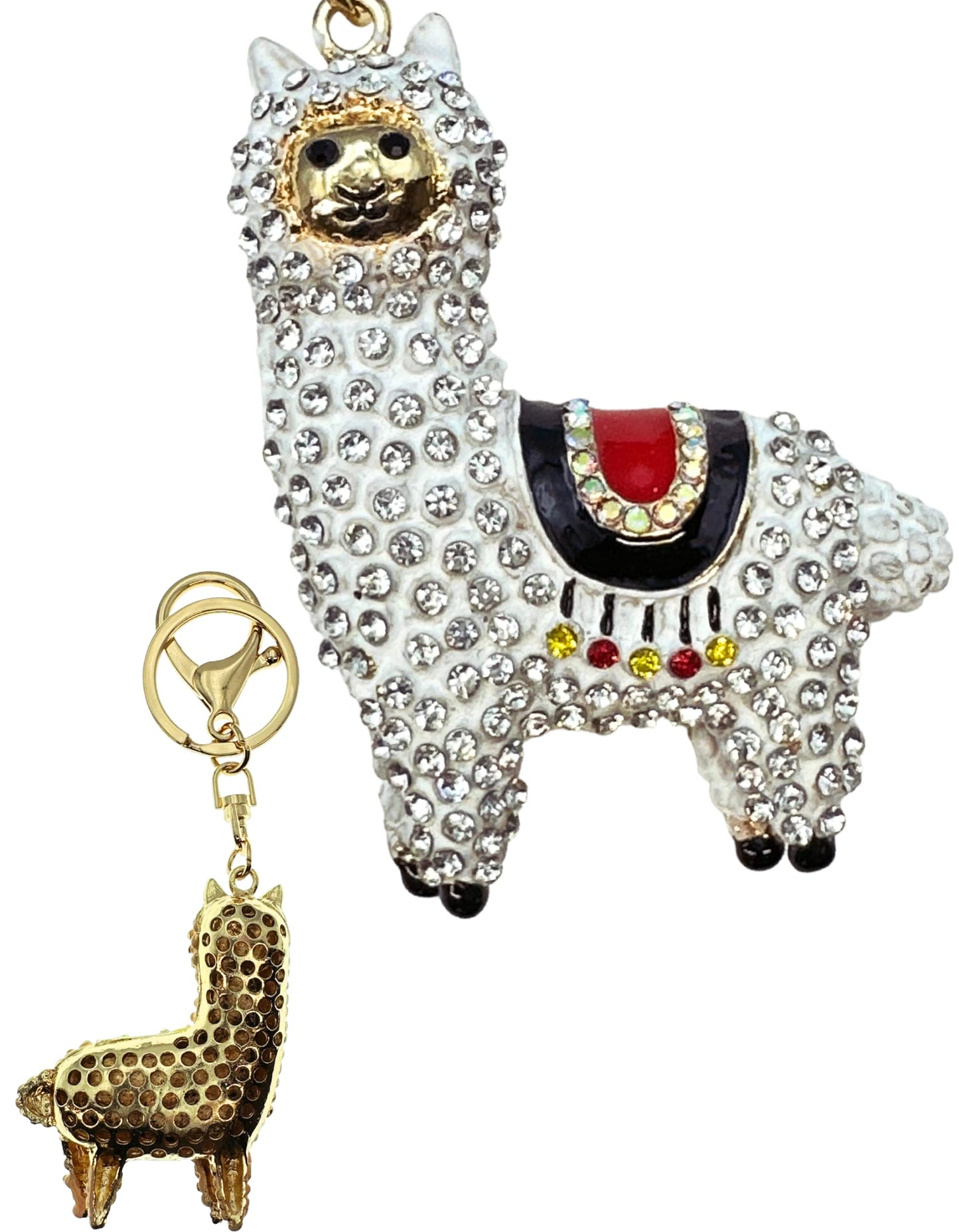 Evenchae Sparkling Llama Keychain - Rhinestones, Gold Filigreed Back, Drawstring Gift Bag - 5" Long Purse Jewelry