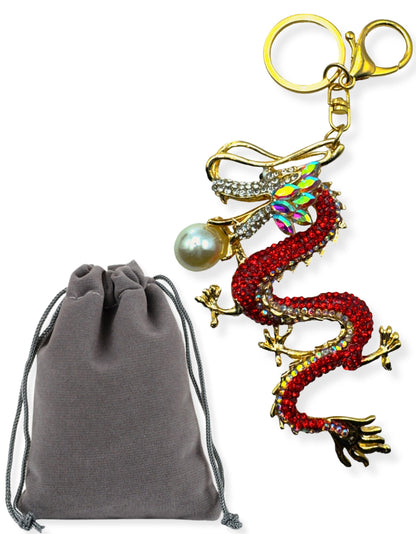 Evenchae Red Dragon Keychain - Inlaid with Rhinestones - Gold Filigree Back - Drawstring Gift Bag - 6.5 in Long