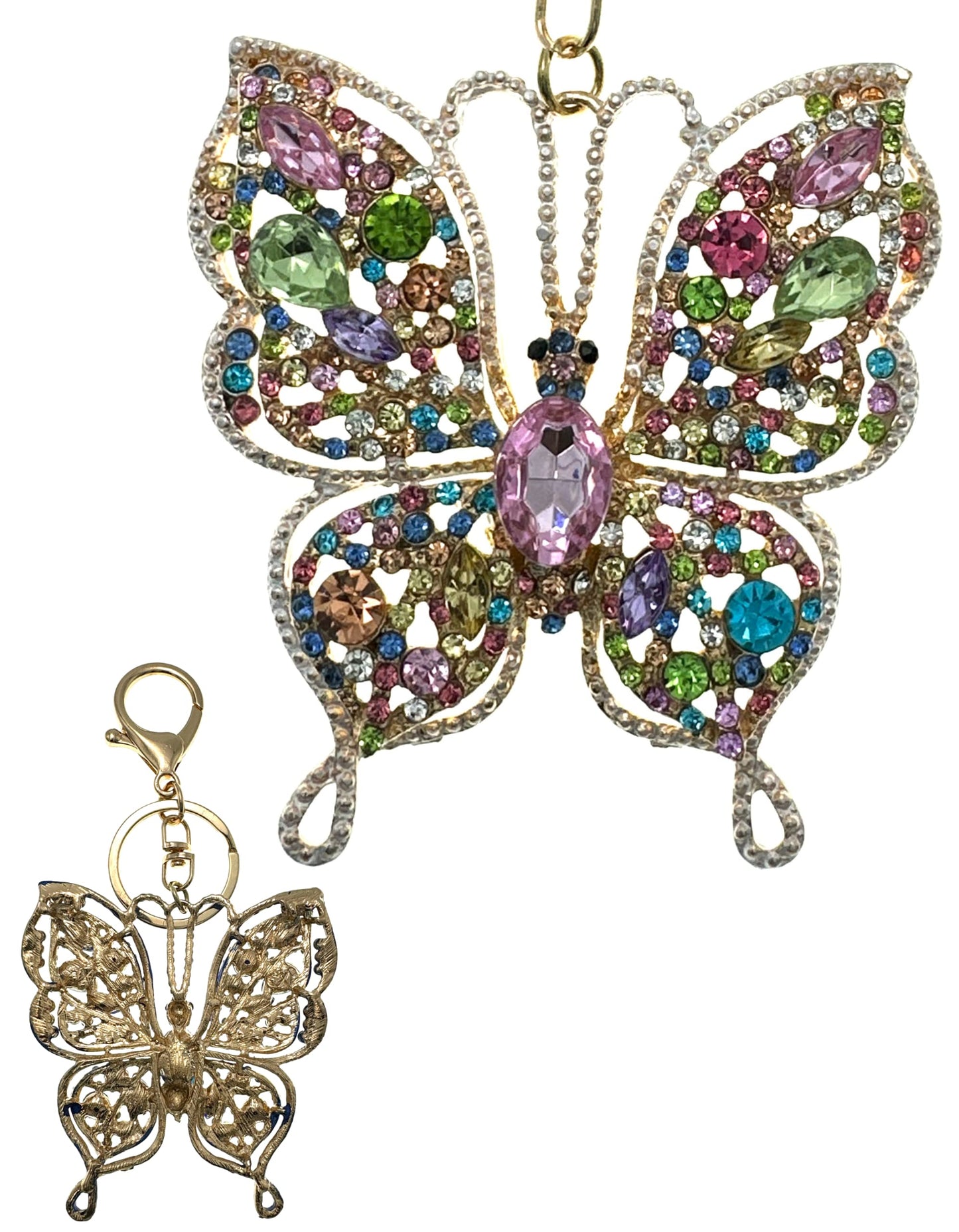 Evenchae Intricate Butterfly Keychain - Rhinestones, Gold Filigree Back, Drawstring Gift Bag - 5 in Long Purse Jewelry