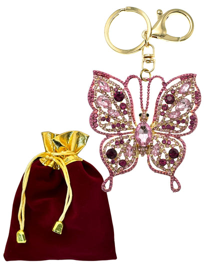 Evenchae Intricate Butterfly Keychain - Rhinestones, Gold Filigree Back, Drawstring Gift Bag - 5 in Long Purse Jewelry