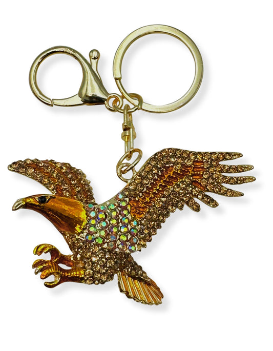 Evenchae American Eagle Keychain - Inlaid with Rhinestones - Gold Filigree Back - Drawstring Gift Bag - 4.25 in Long