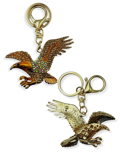 Evenchae American Eagle Keychain - Inlaid with Rhinestones - Gold Filigree Back - Drawstring Gift Bag - 4.25 in Long