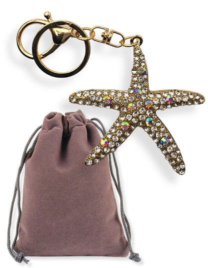 Evenchae Starfish Keychain - Inlaid with Rhinestones - Gold Filigree Back - Drawstring Gift Bag - 5 in Long