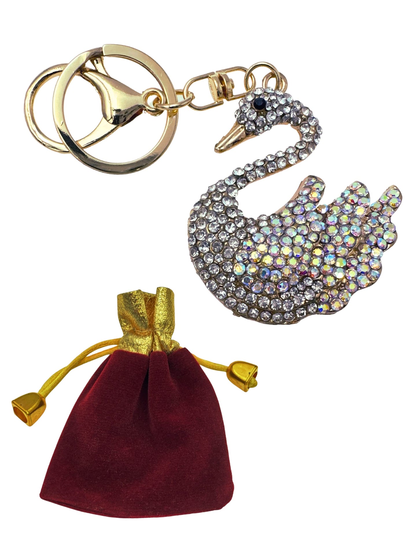 Evenchae Elegant Swan Keychain - Rhinestones, Filigreed Gold Back, Drawstring Gift Bag - 5 In Long Purse Jewelry