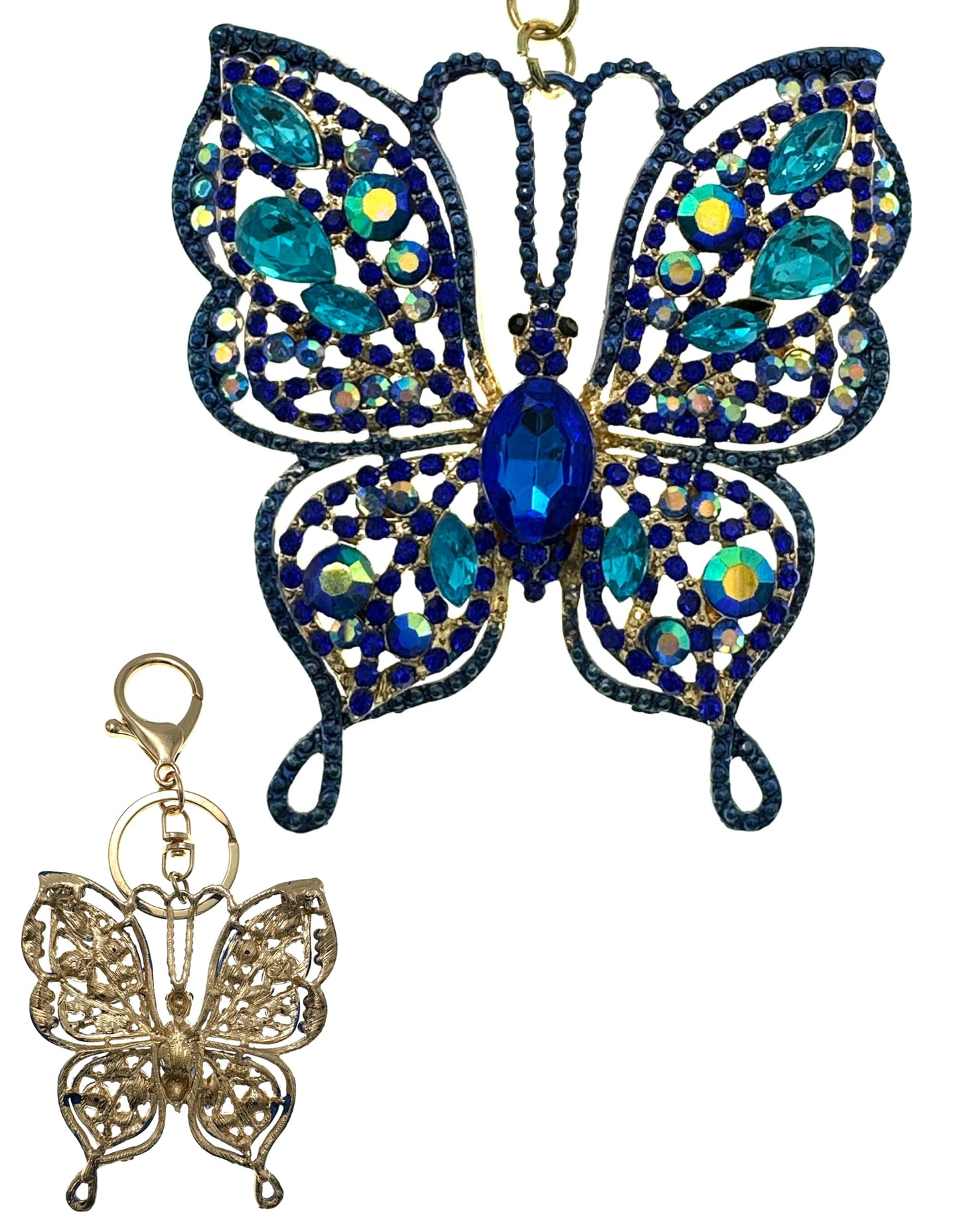 Evenchae Intricate Butterfly Keychain - Rhinestones, Gold Filigree Back, Drawstring Gift Bag - 5 in Long Purse Jewelry