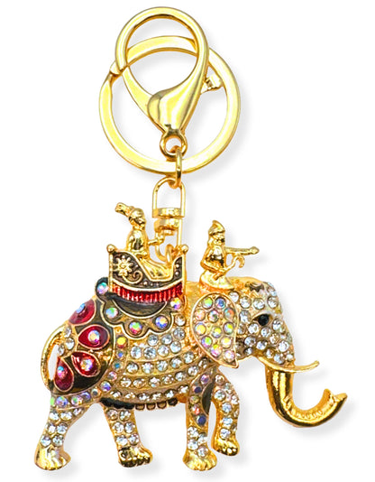 Evenchae Elephant Keychain - Inlaid with Rhinestones - Gold Filigree Back - Drawstring Gift Bag - 4.25 in Long