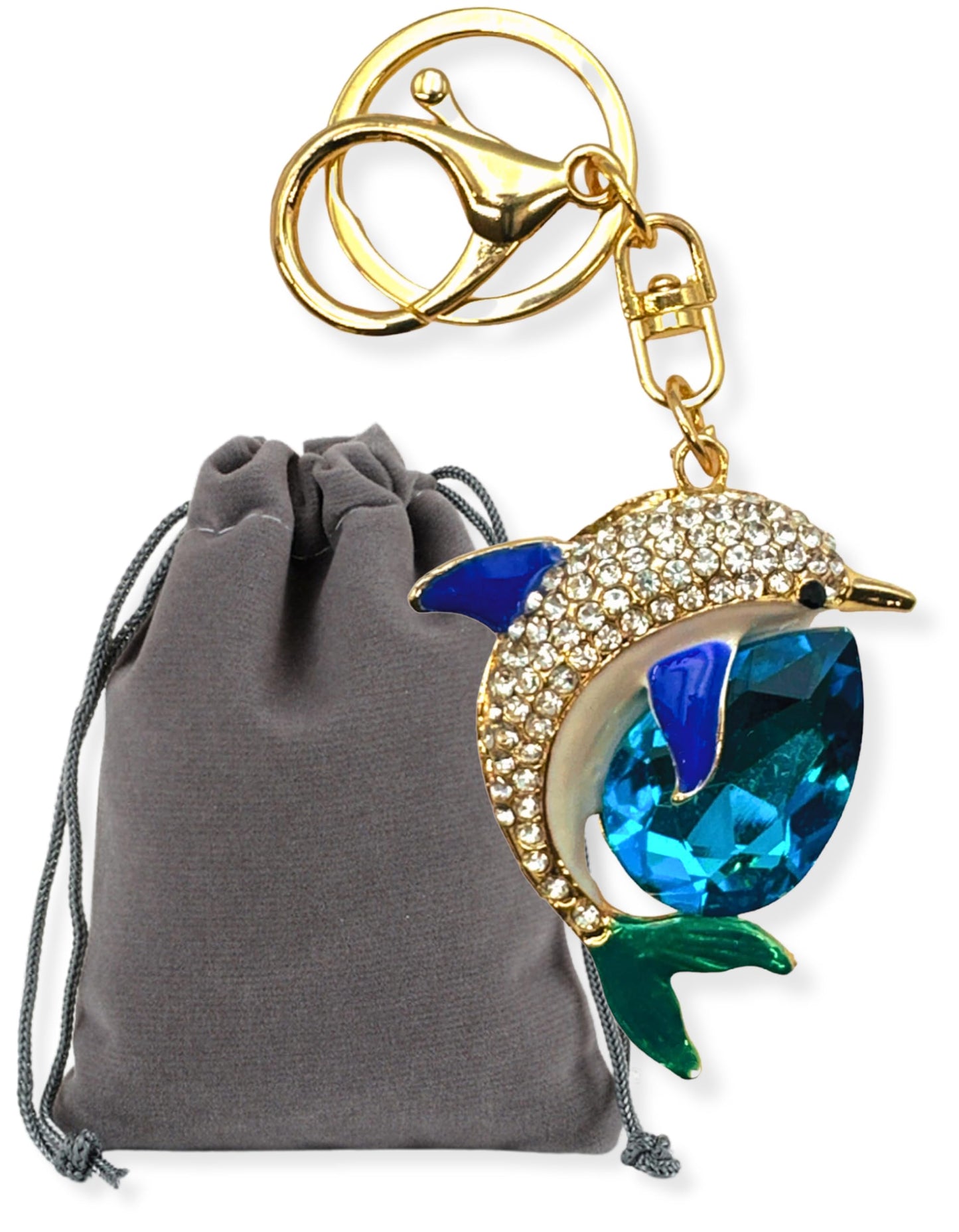 Evenchae Dolphin Keychain - Inlaid with Rhinestones - Gold Filigree Back - Drawstring Gift Bag - 4.75 in Long