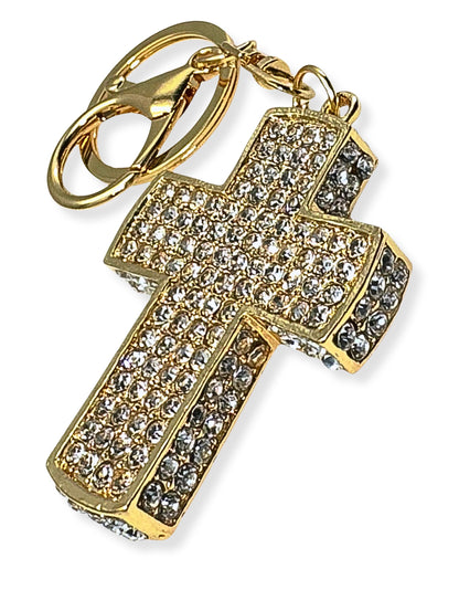 Evenchae Gold Cross Keychain - Inlaid with Clear Rhinestones - Gold Filigree Back - Drawstring Gift Bag - 4.75 in Long