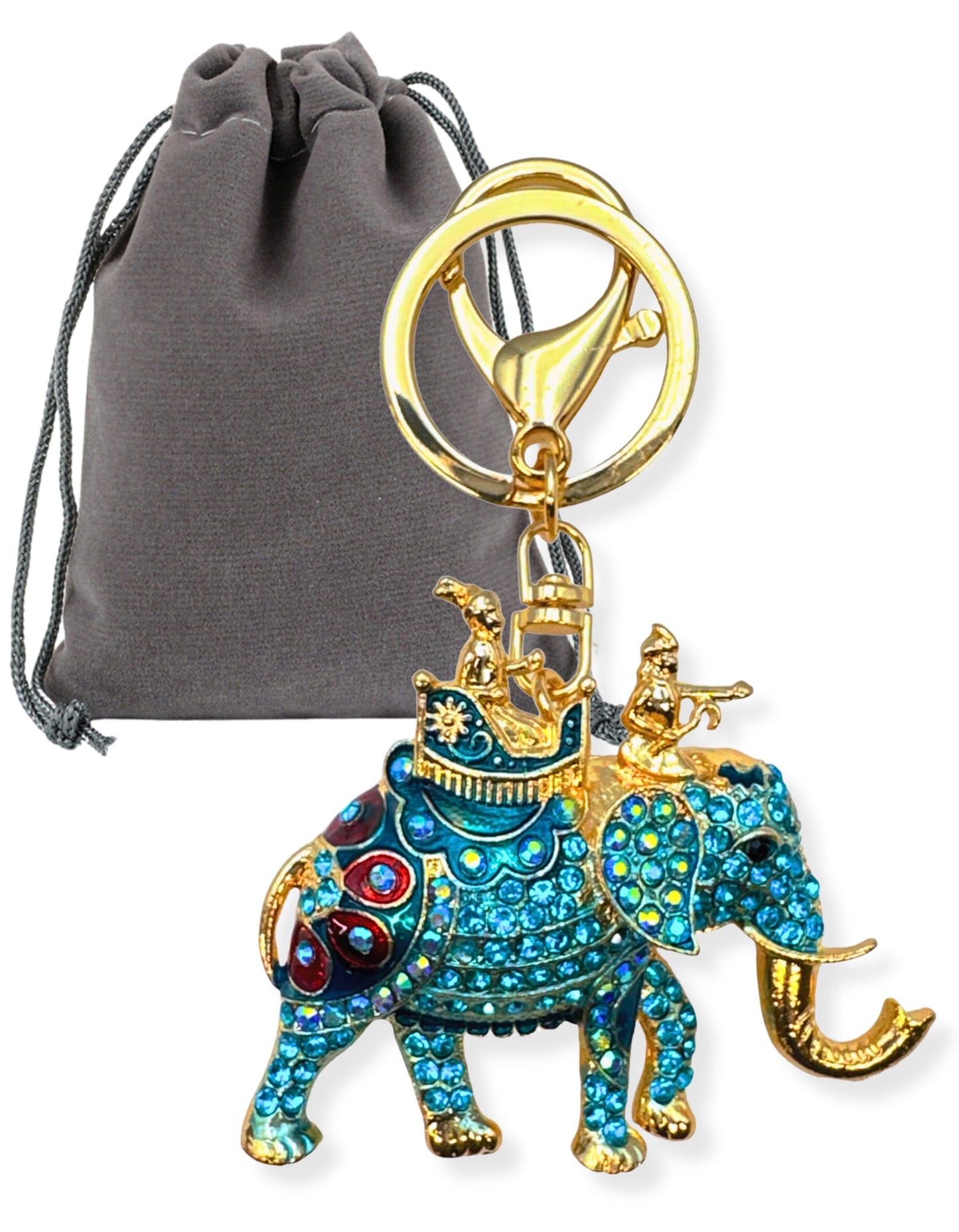 Evenchae Elephant Keychain - Inlaid with Rhinestones - Gold Filigree Back - Drawstring Gift Bag - 4.25 in Long