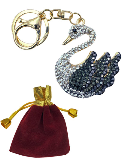 Evenchae Elegant Swan Keychain - Rhinestones, Filigreed Gold Back, Drawstring Gift Bag - 5 In Long Purse Jewelry