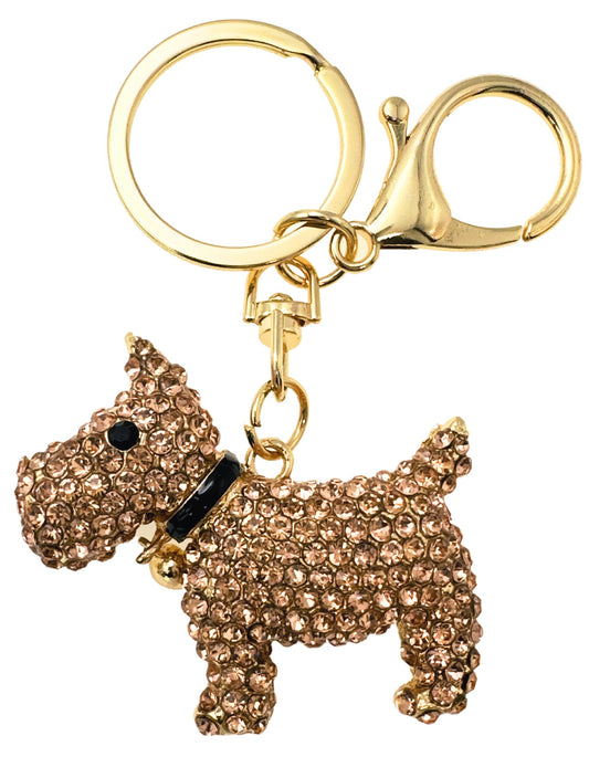 Evenchae Puppy Dog Keychain - Rhinestones, Gold Filigree Back, Drawstring Gift Bag - Purse Jewelry