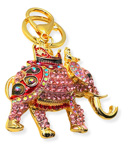 Evenchae Elephant Keychain - Inlaid with Rhinestones - Gold Filigree Back - Drawstring Gift Bag - 4.25 in Long