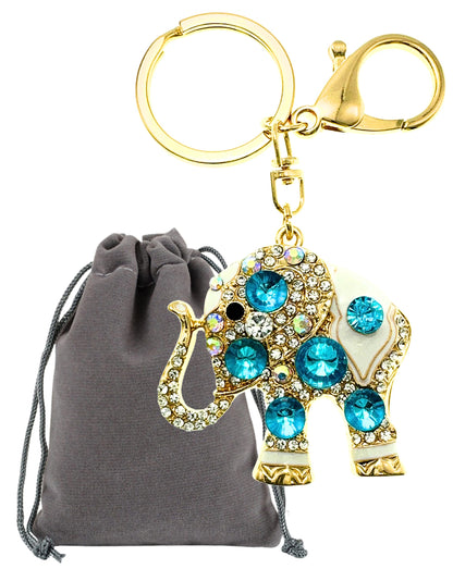 Evenchae Elephant Keychain - Inlaid with Rhinestones - Drawstring Gift Bag - Gold Filigree Back - 4.4 in Long