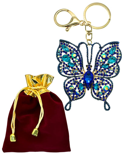 Evenchae Intricate Butterfly Keychain - Rhinestones, Gold Filigree Back, Drawstring Gift Bag - 5 in Long Purse Jewelry