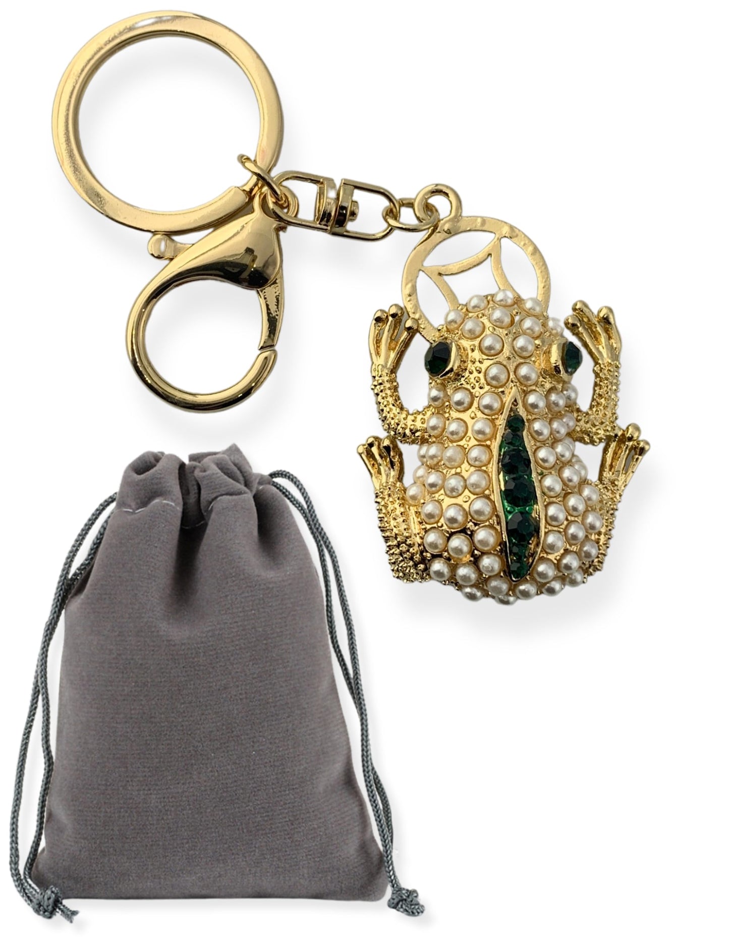 Evenchae Frog Keychain - Imitation Pearls & Rhinestones - Gold-Tone Filigree Back - Drawstring Gift Bag - 4.75 in Long