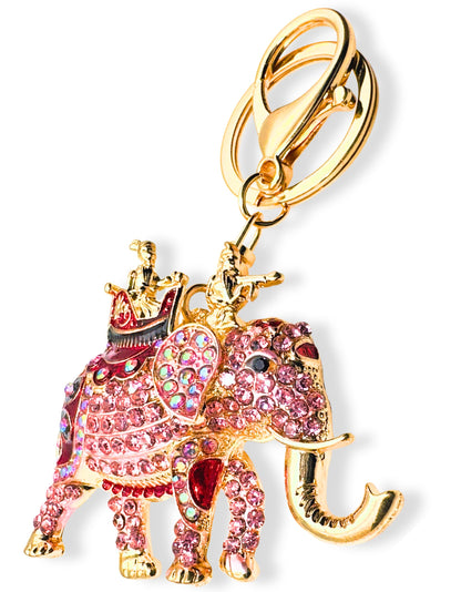 Evenchae Elephant Keychain - Inlaid with Rhinestones - Gold Filigree Back - Drawstring Gift Bag - 4.25 in Long