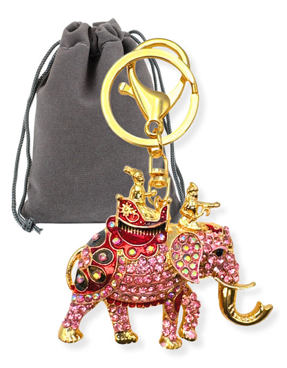 Evenchae Elephant Keychain - Inlaid with Rhinestones - Gold Filigree Back - Drawstring Gift Bag - 4.25 in Long