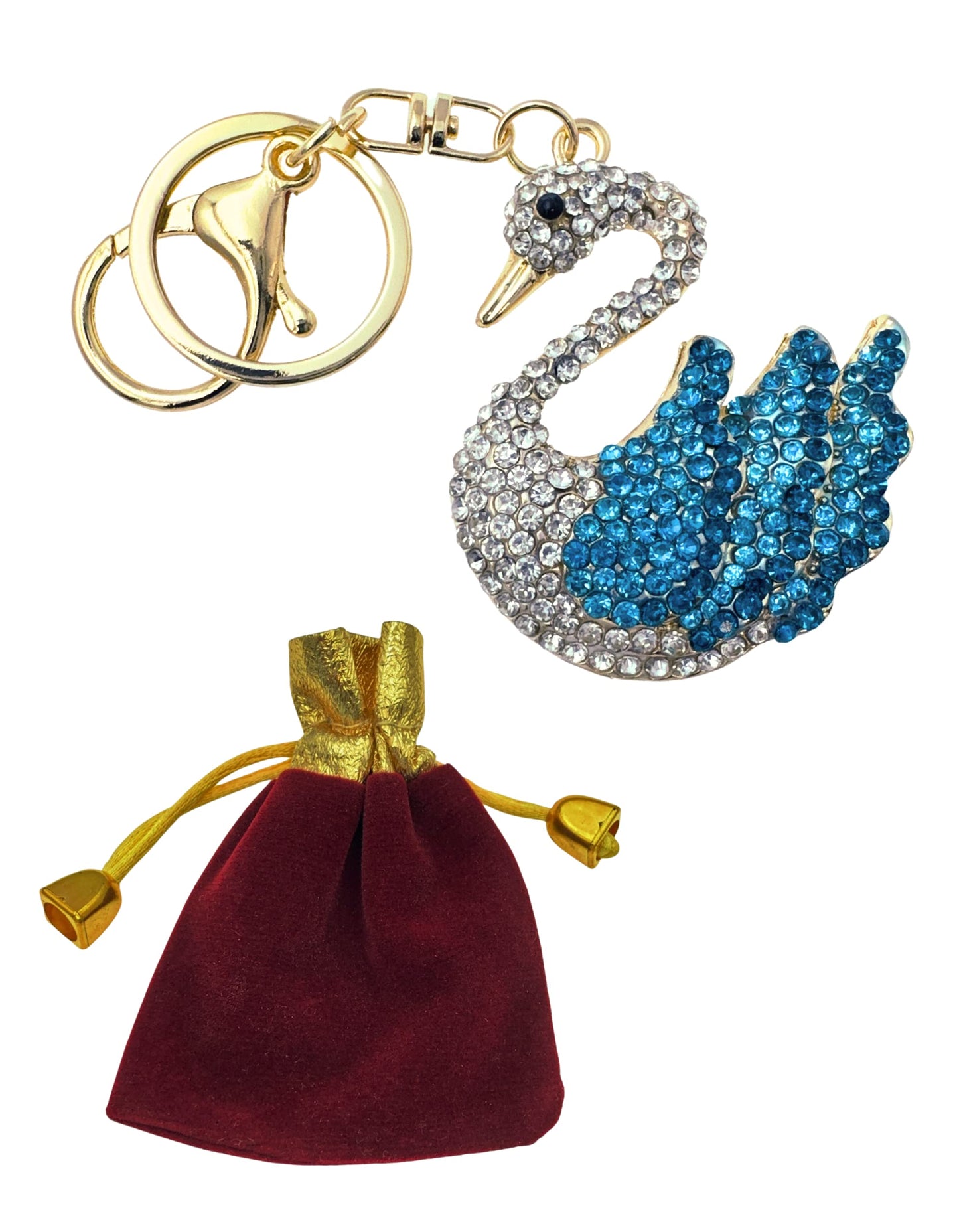 Evenchae Elegant Swan Keychain - Rhinestones, Filigreed Gold Back, Drawstring Gift Bag - 5 In Long Purse Jewelry