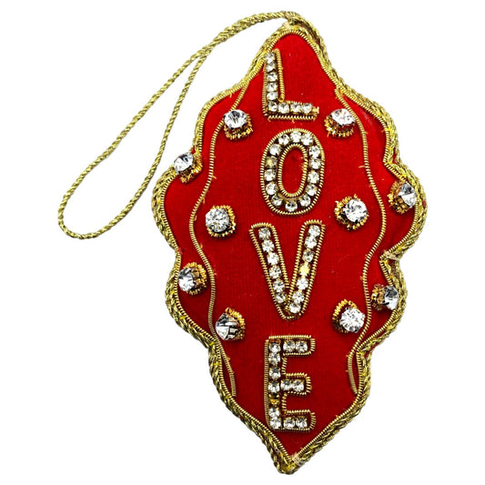 Zari Red Love Christmas Ornament, Zardozi Embroidery, Gift Bag