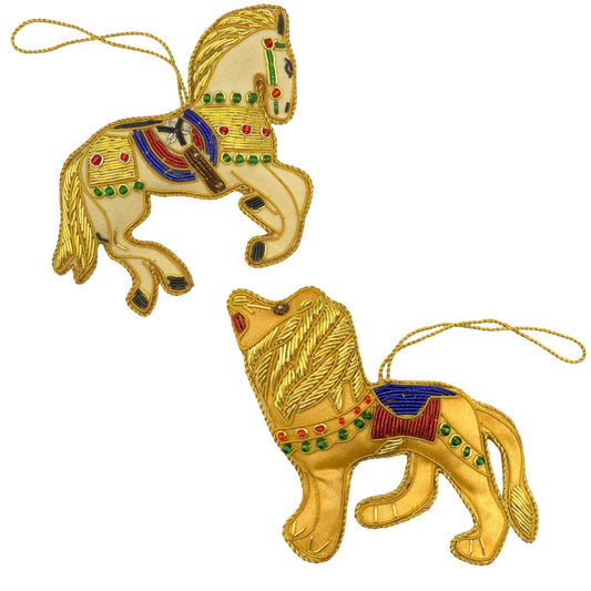 Zari Embroidery Carousel Animals Christmas Ornaments Set of 2, Horse & Lion