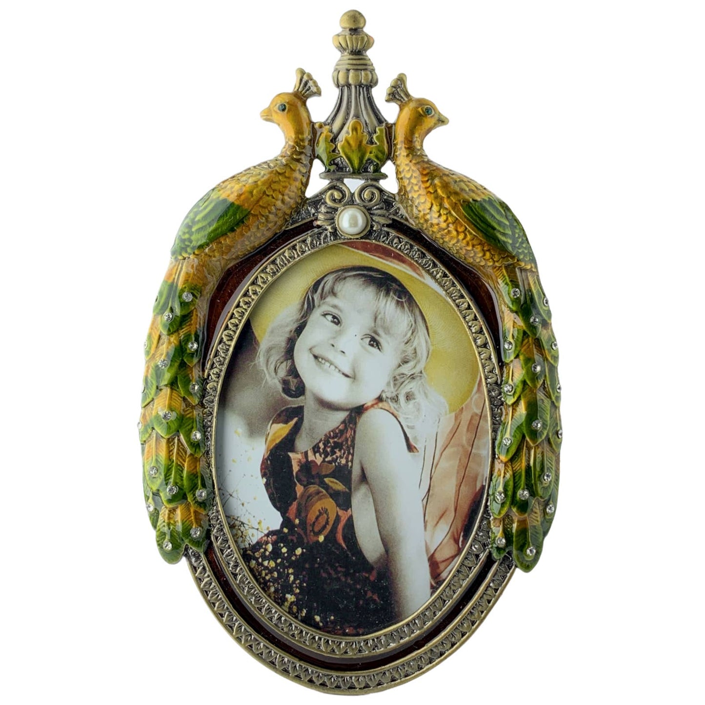 Oval Peacocks Picture Frame, Enameled Pewter with Austrian Crystals