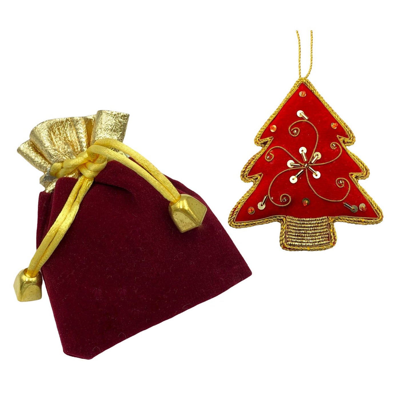 Zari Christmas Ornament, Red Tree, Zardozi Embroidery, Gift Bag