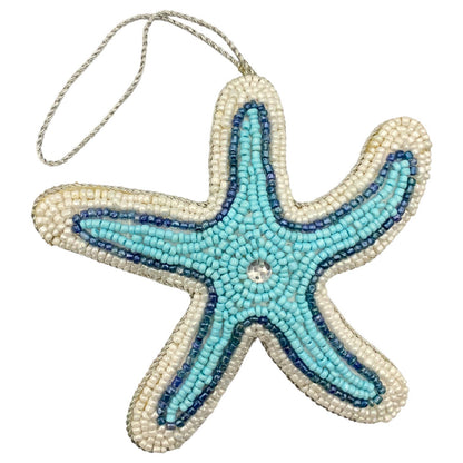 Zari Beaded Coastal Christmas Ornaments, Set of 2, Starfish & Seahorse, Gift Bag