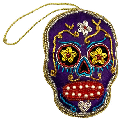 Zari Day of the Dead Skull Ornaments, Set of 2, Red & Purple Zardozi Embroidery