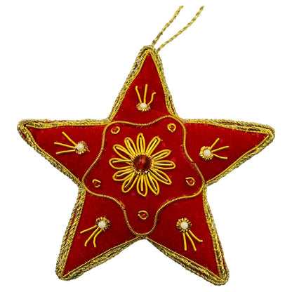 Zari Red Star Christmas Ornament, Zardozi Embroidery, Gift Bag