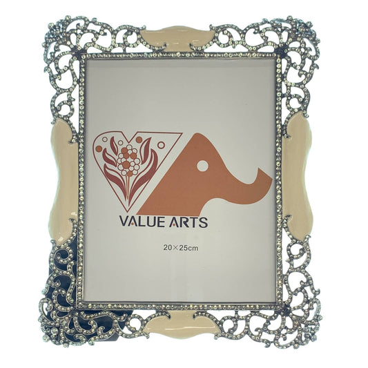 Filigree Bridal Picture Frame - Silver, Cream Enamel, Austrian Crystals 11.25"T