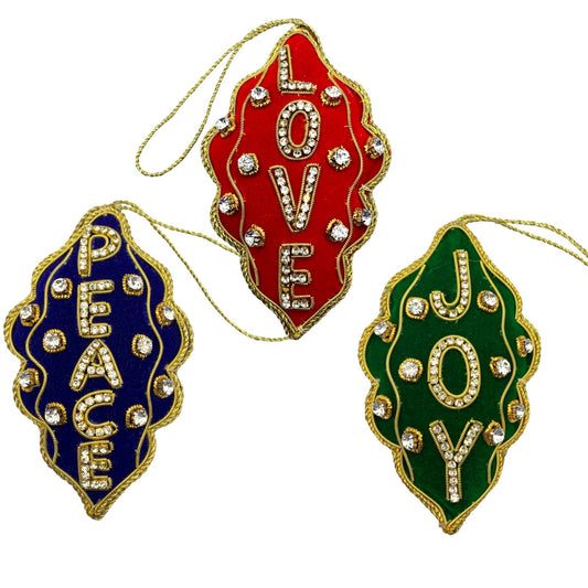 Zari Christmas Ornaments, Set 3, Peace, Love, Joy, Zardozi Embroidery, Gift Bag