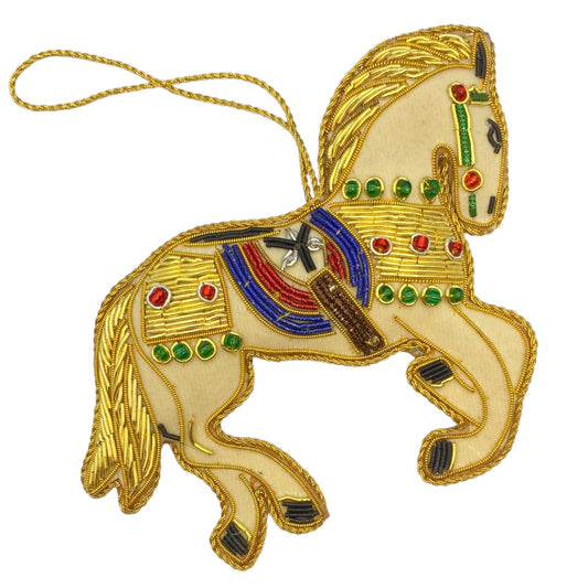 Zari Carousel Horse Christmas Ornament, Zardozi Embroidery, Gift Bag