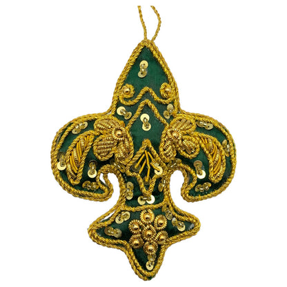 Zari Fleur de Lis Christmas Ornaments, Set of 2, Zardozi Embroidery, Gift Bag