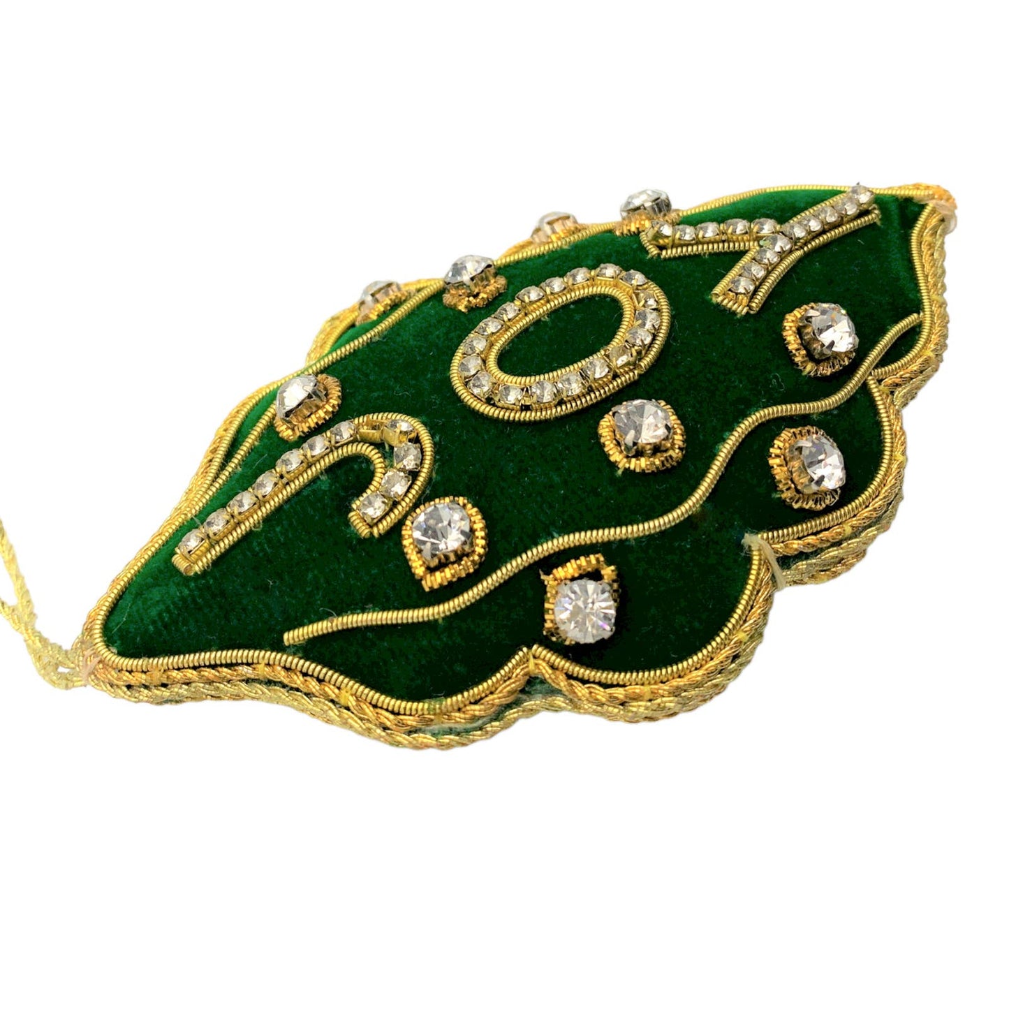 Zari Green Joy Christmas Ornament, Zardozi Embroidery, Gift Bag