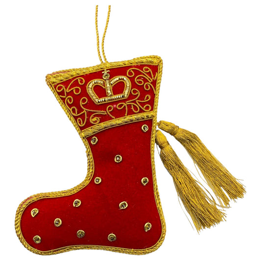 Zari Red Stocking Christmas Ornament, Zardozi Embroidery, Gift Bag