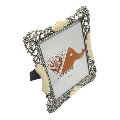 Filigree Bridal Picture Frame - Silver, Cream Enamel, Austrian Crystals 11.25"T