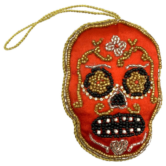 Zari Day of the Dead Red Sugar Skull Ornament, Zardozi Embroidery, Gift Bag