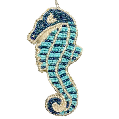 Zari Beaded Coastal Christmas Ornaments, Set of 2, Starfish & Seahorse, Gift Bag